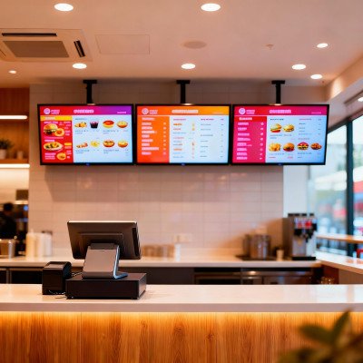 Digitales Menüboard über der Verkaufstheke